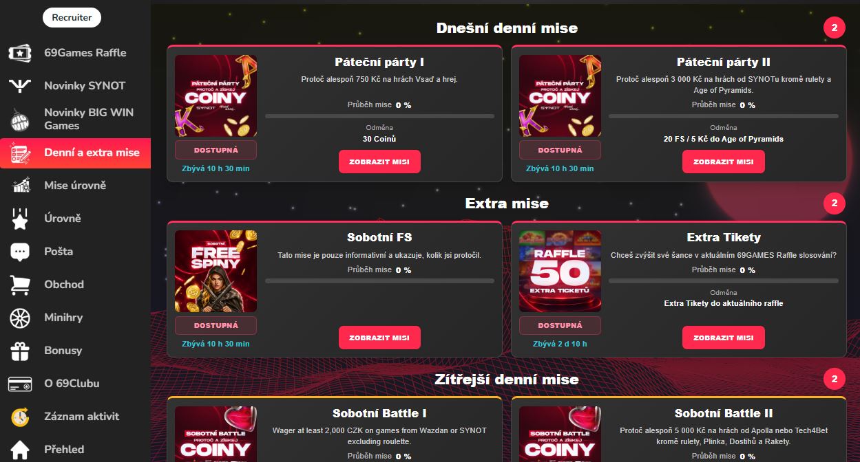 Denní a extra mise u 69Games casino