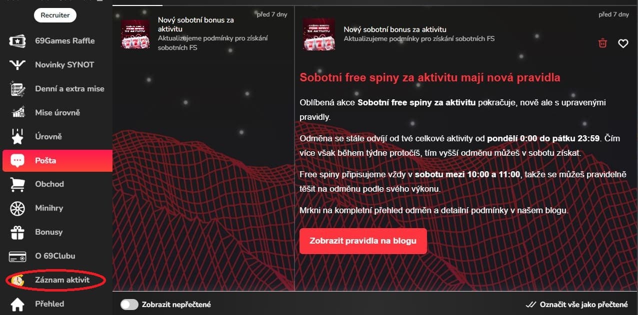 Pošta a záznam aktivit 69Games casino